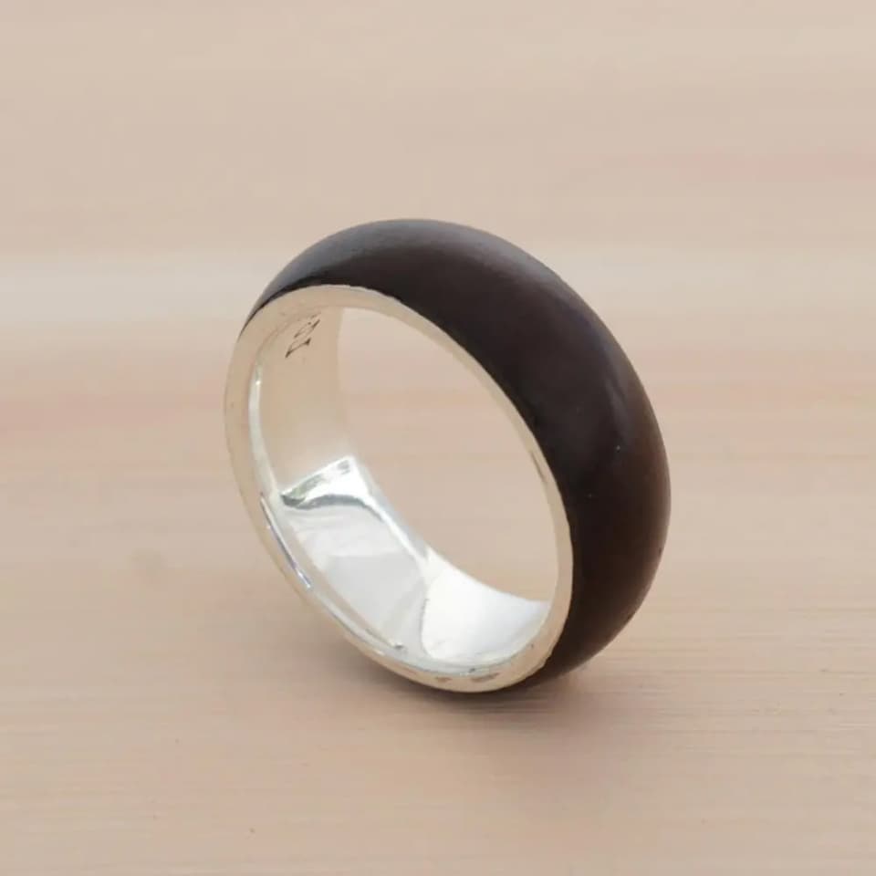 Men's Wood and Sterling Silver Band Ring