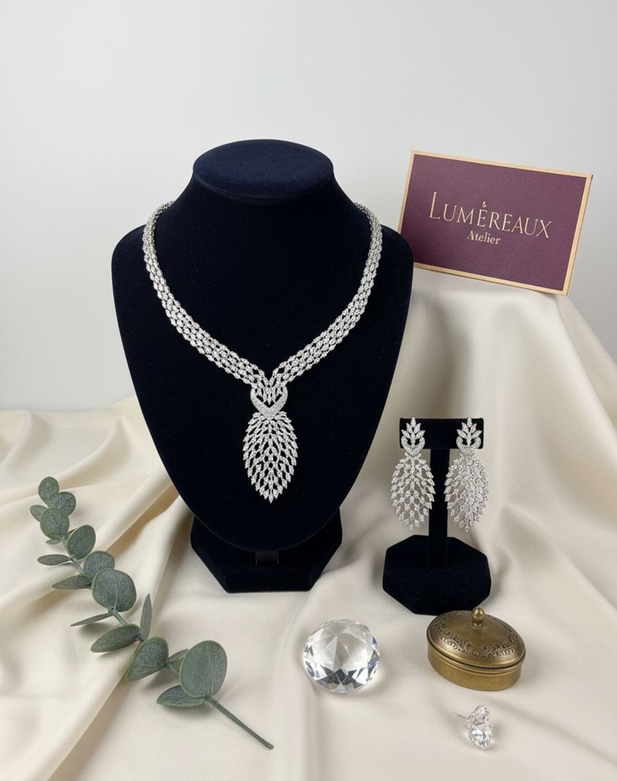 Silver Fern Statement Necklace set (Diamond replica)