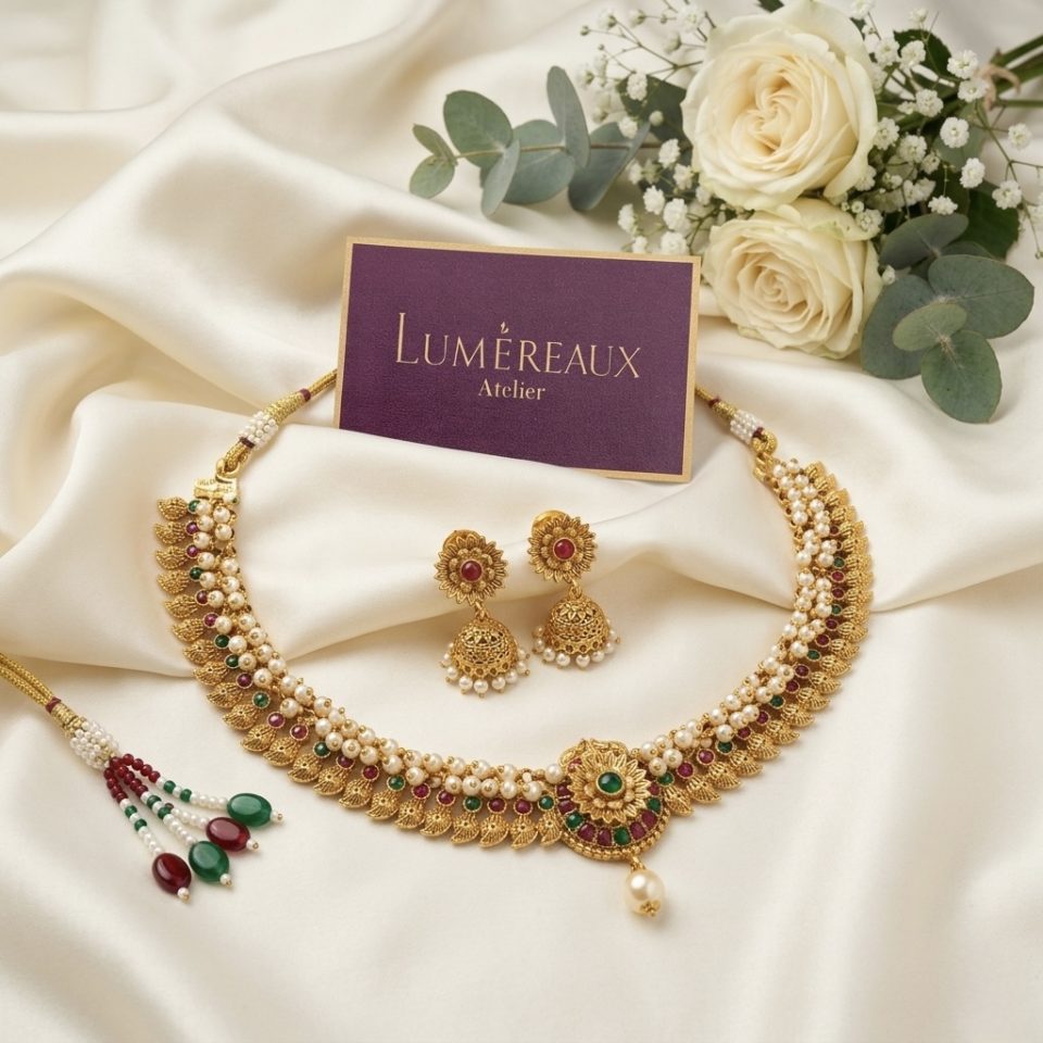 Emerald-Ruby Pearl Bloom Choker Set